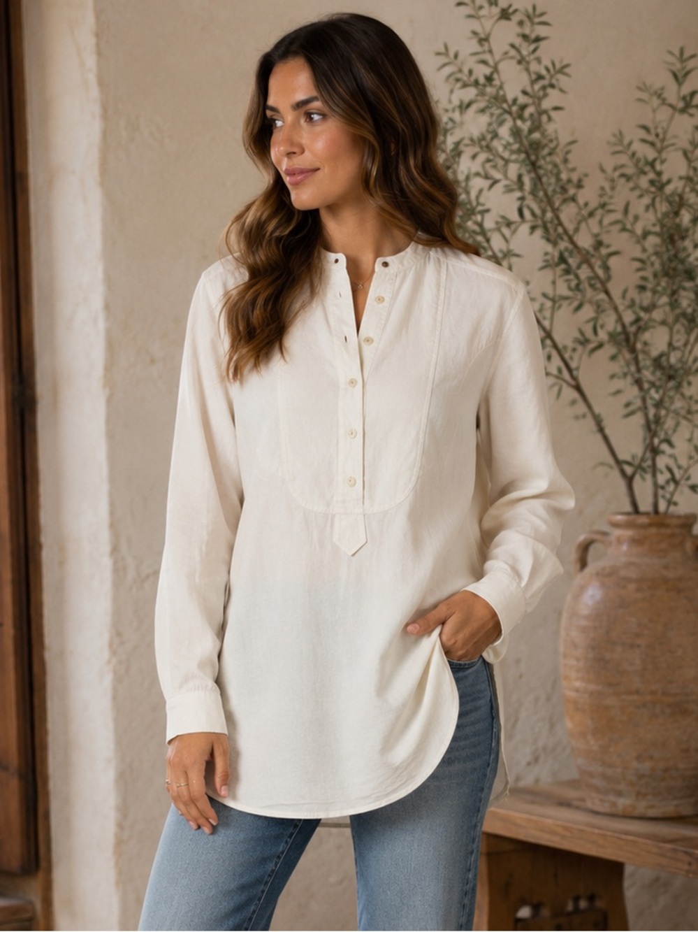 Lauren Ralph Lauren Linen Bib Tunic White Band Collar Long Sleeve Size 4
